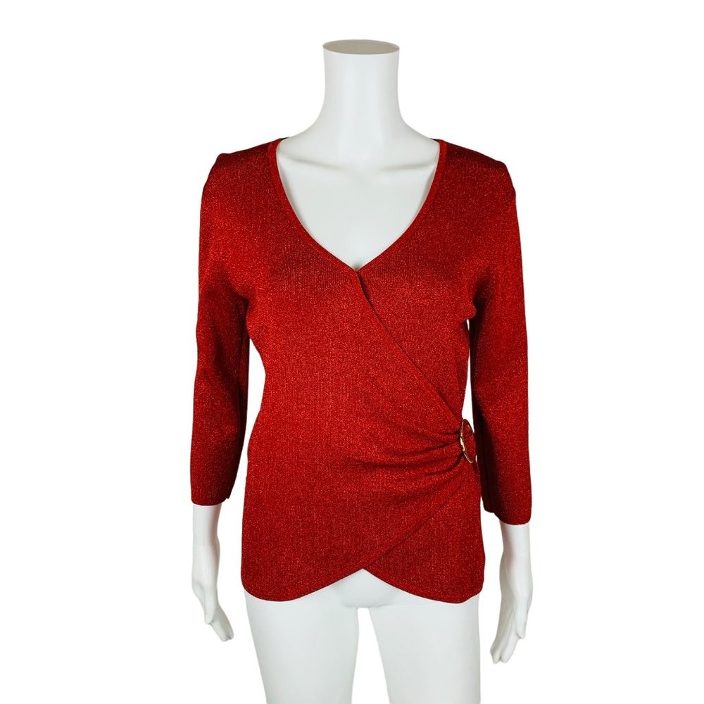 Joseph A Sweater Women's Large Red Metallic Cinched Waist 3/4 Sleeve Top Holiday